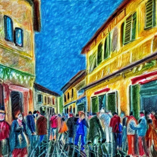 Prompt: impressionist drawing of a strobo lights party in the streets of an old south italy town, hig definition, many people dancing