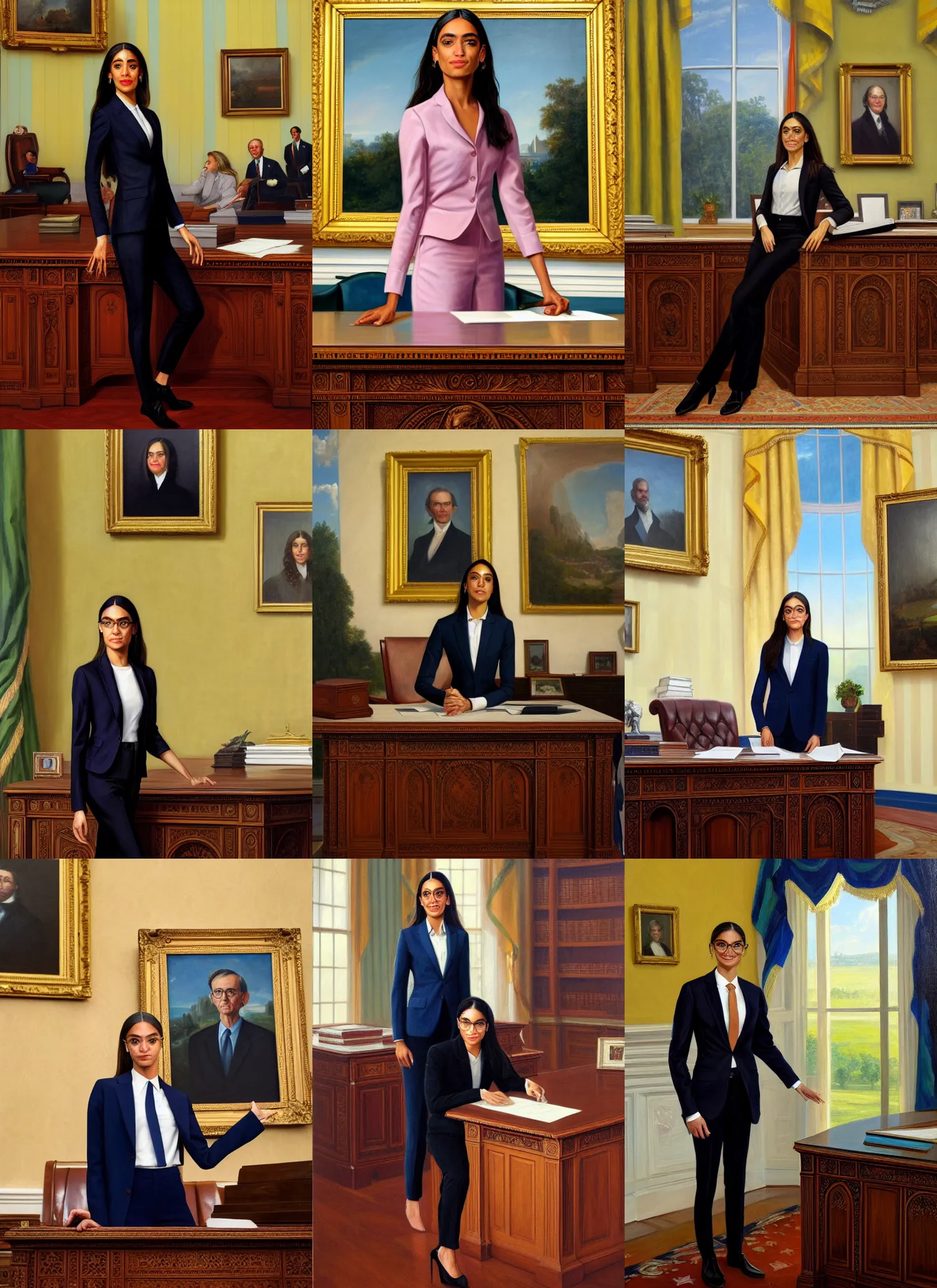 Prompt: full body portrait of the united states president, aoc, alexandria ocasio cortez, standing in the oval office, resolute desk, 2 0 2 4, painting, oil on canvas by william sidney mount, trending on artstation, national archives