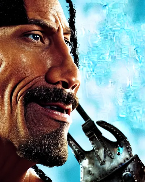 Image similar to Film still close-up shot of Dwayne Johnson as the Captain Hook from the movie Hook. Photographic, photography