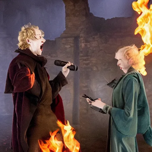 Prompt: professor lupin and breanne of tarth having a rap battle in hell, whimsical