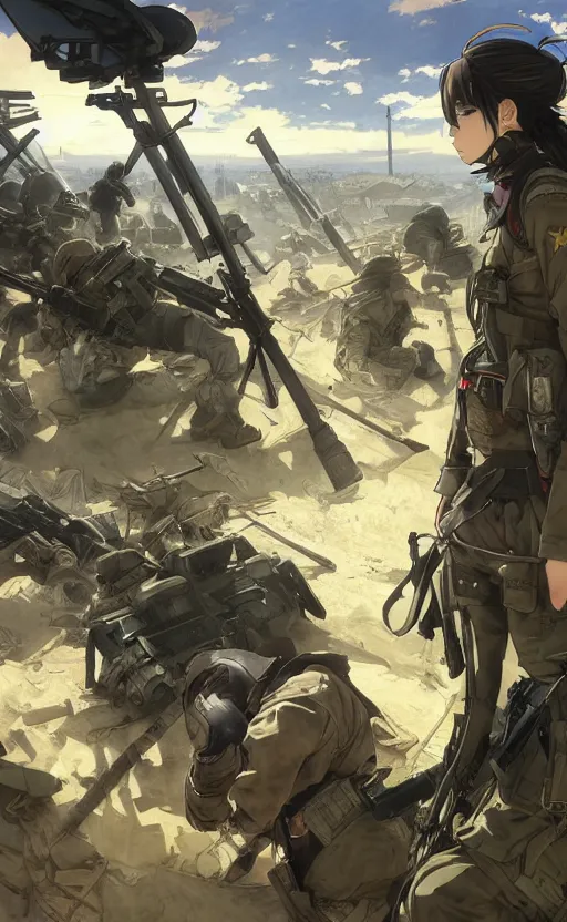 Image similar to anime style, modern warfare, panoramic view of 1 girl under artillery fire, trench and sandbags in background, soldier clothing, long hair, hair down, symmetrical facial features, from arknights, wallpaper, trending pixiv, safebooru, volumetric lighting, by alphonse mucha, greg rutkowski, sharp focus, backlit