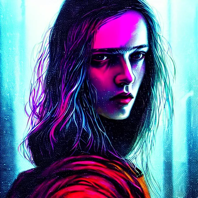 Image similar to bright aesthetic portrait LSD glowing backlit rain on face and wet hair, cyberpunk, overhead lighting, fantasy, intricate, elegant, dramatic lighting, highly detailed, lifelike, photorealistic, digital painting, artstation, illustration, concept art, smooth, sharp focus, art by John Collier and Albert Aublet and Krenz Cushart and Artem Demura and Alphonse Mucha