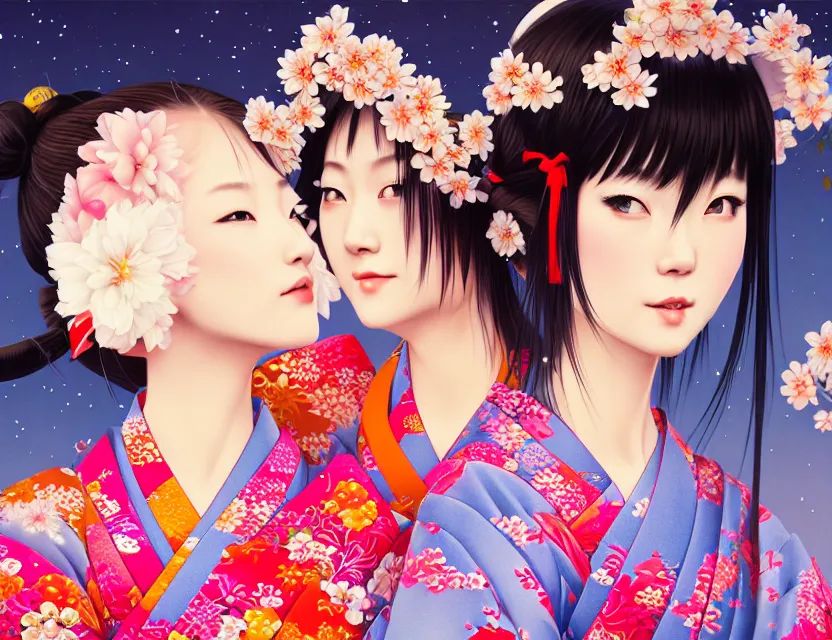 Image similar to two beautiful charming japan girls wear arty kimono in festival | | sunny night, full moon, dreamlike art, realistic shaded, smile, good looking, hyper details, 4 k realistic, cryengine, realistic shaded lighting poster by ilya kuvshinov, fuji choko, ross tran, 8 k resolution, trending on artstation, luxury