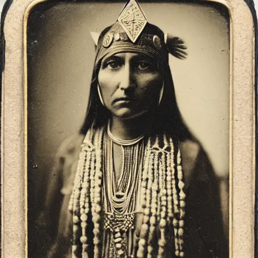 Prompt: daguerreotype ambrotype of a native american high priestess very intricate, highly detailed,