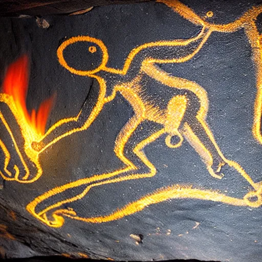 Image similar to paleolithic cave painting, illuminated by fire