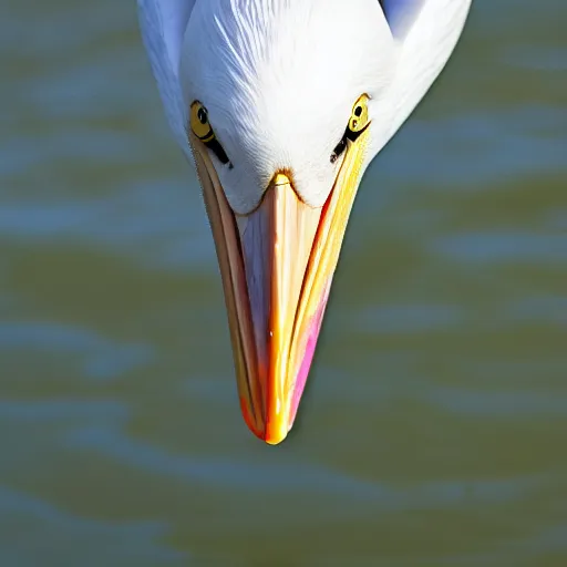 Prompt: awardwinning nature photography portrait of a white pelican in full flight as seen from below. extremely high detailed beak