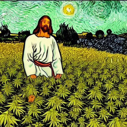 Image similar to jesus spreads his hands against the background of growing cannabis. an oil painting in the style of van gogh