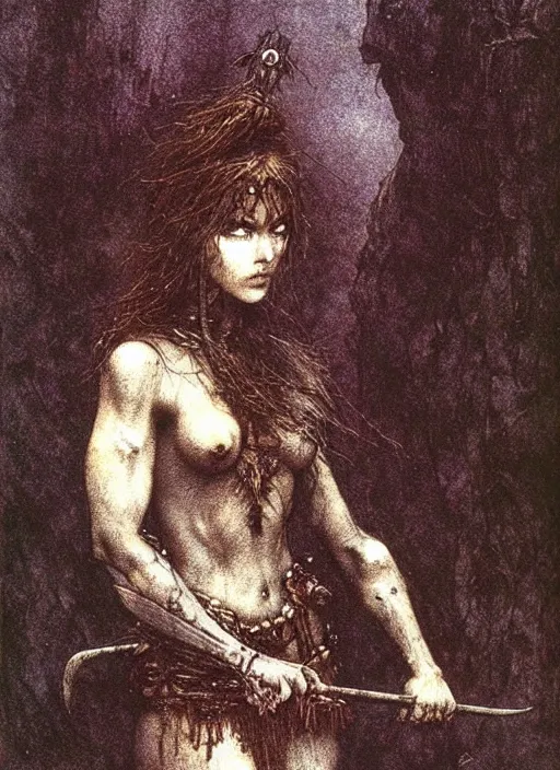 Image similar to short haired barbarian girl by Beksinski and Arthur Rackham