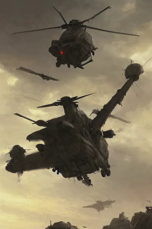 Prompt: a futuristic helicopter in war, epic scene, by greg rutkowski
