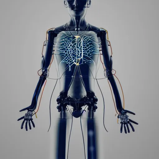 Prompt: a see through torso of a bio - electrical humanoid