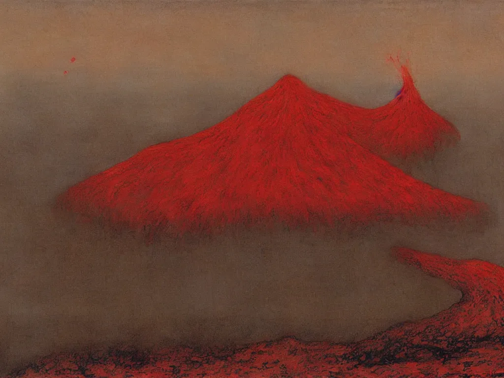 Image similar to Strange volcano made of cinnabar in the middle of the tsunami ocean. Painting by Beksinski, Roger Dean