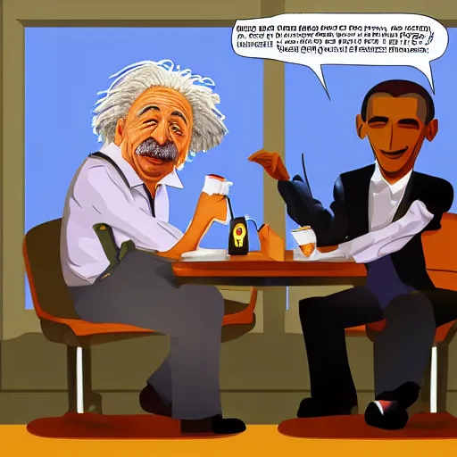 Image similar to Einstein and Obama taking a shit on table at McDonalds, ultra detailed, photorealistic, dramatic lighting