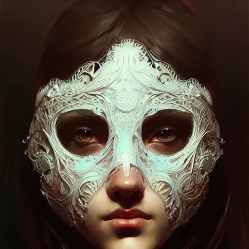 Image similar to A girl wearing a rave mask, face, detailed, intricate, elegant, highly detailed, digital painting, artstation, concept art, smooth, sharp focus, illustration, art by Krenz Cushart and Artem Demura and alphonse mucha