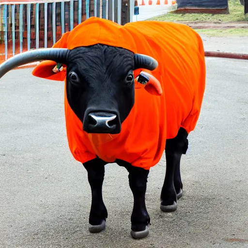 Image similar to bull wearing orange inmate clothes