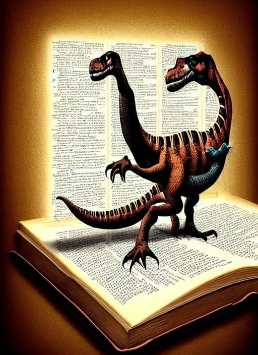 Prompt: dinosaur dancing with a giant book, aesthetic, fine art, intricate, elegant, highly detailed, realistic hair, centered, digital painting, art station, conceptual art, soft, sharp focus, illustration, artwork, salvador dali