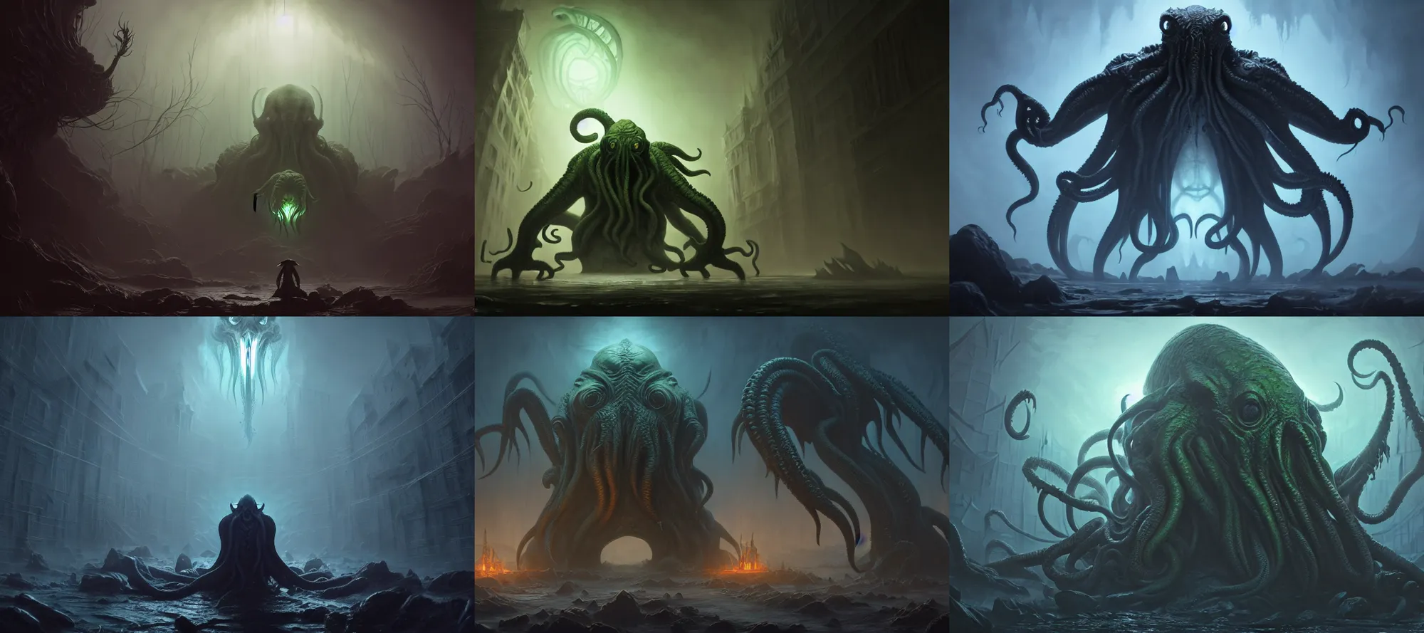 Prompt: cthulhu, horror, cinematic lighting, concept art, smooth, sharp focus, highly detailed, render in unreal engine 5, artstation, trending, feng zhu, shaddy safadi, noah bradley, tyler edlin, jordan grimmer, darek zabrocki, neil blevins, tuomas korpi