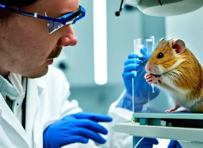 Image similar to film still of a hamster working in a research lab finding the cure for cancer, 8 k