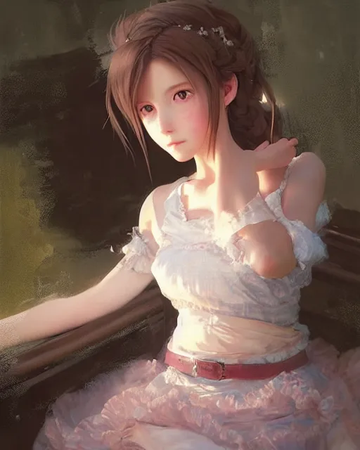 Image similar to aerith gainsborough in lace skirt, portrait, illustration, rim light, top light, perfectly shaded, soft painting, art by krenz cushart and wenjun lin