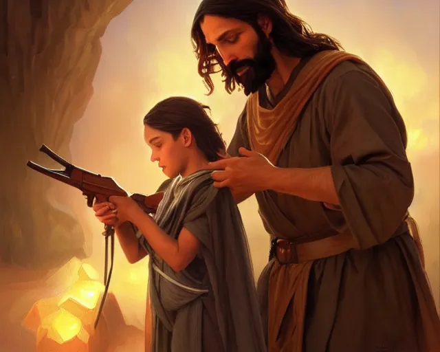 Image similar to photography of jesus christ teaching a child how to use a ak 4 7, d & d, fantasy, intricate, elegant, highly detailed, digital painting, artstation, concept art, matte, sharp focus, illustration, hearthstone, art by artgerm and greg rutkowski and alphonse mucha