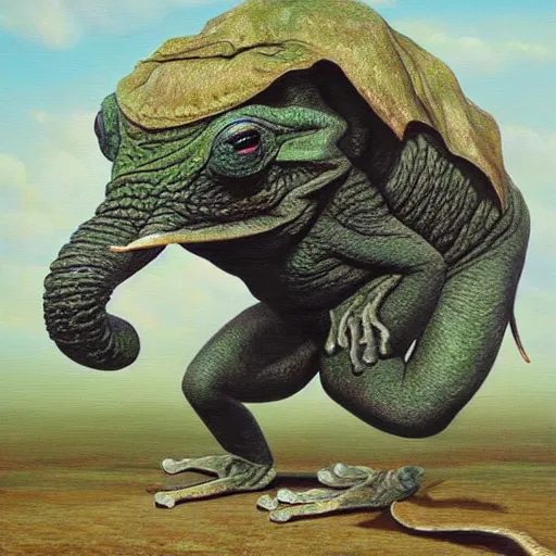 Prompt: frog - elephant creature, oil painting by kentaro miura