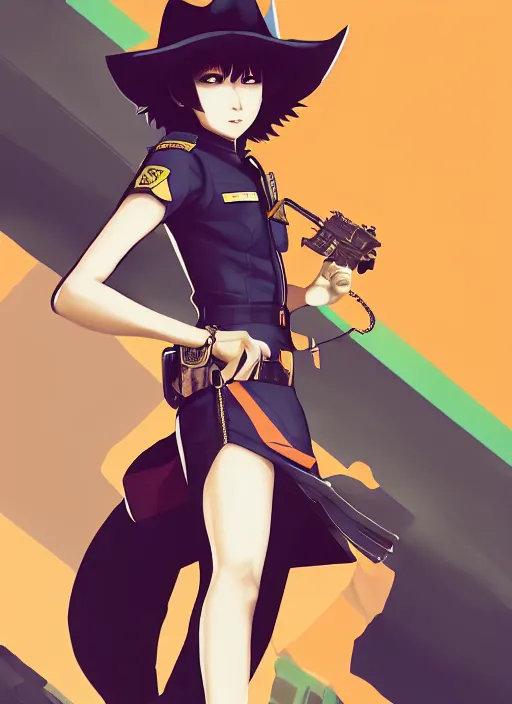 Image similar to full size persona, female sheriff, detail, ultra sharpness, beautiful female, detailed face, art by huyy nguyen, style by cain kuga, cowboy bebop art style, 3 2 beautiful color palettes with their corresponding gradient