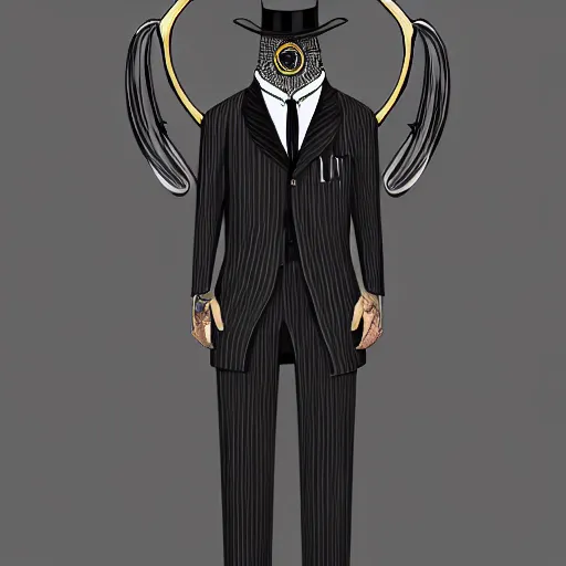 Image similar to a upper body portrait of a deer lord in a pinstriped suit and pants wearing a monocle and a fedora, intricate detail, digital art, trending on artstation