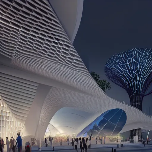 Image similar to singapore pavillion architecture exterior at the next world expo designed by zaha hadid, elegant atmosphere, glowing lights, highly detailed, digital painting, artstation, concept art, smooth, sharp focus, illustration, art by wlop, mars ravelo and greg rutkowski