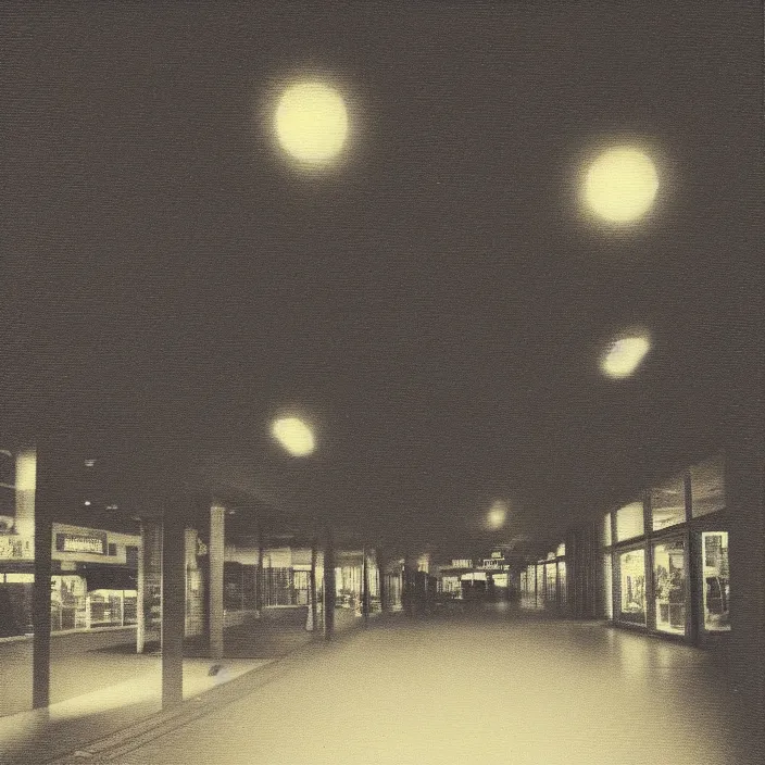 Prompt: unsettling polaroid of a retro mall at night, art by dariusz zawadski, deep depth of field. highly detailed, hyper realism, hd, 4 k