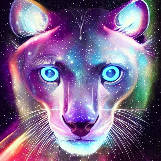 Image similar to Geometric symmetrical fossa with galaxy eyes in space, nebula in the background, intricate, elegant, highly detailed, digital painting, artstation, concept art, smooth, sharp focus, illustration, art by artgerm