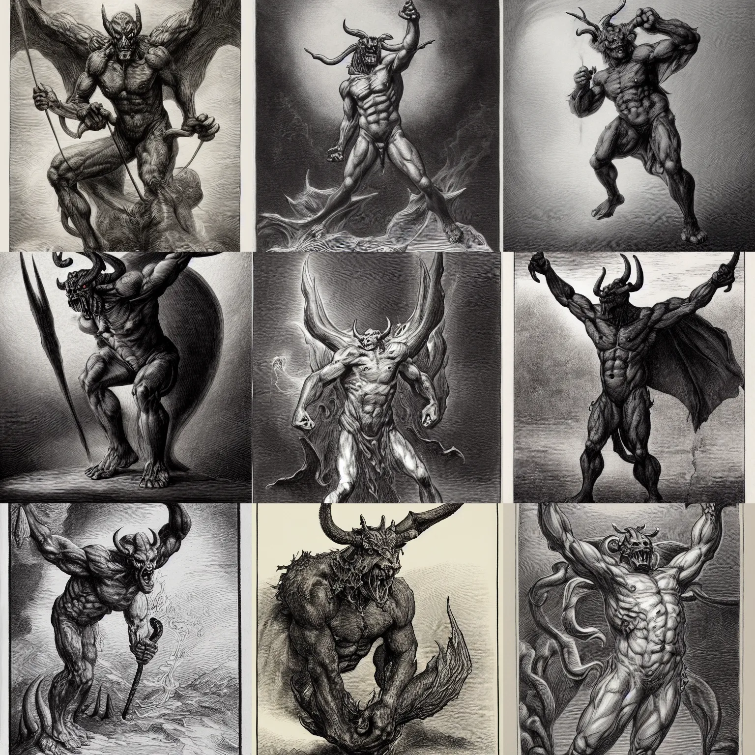 Prompt: full body, grayscale, 3/4 view, muscled humanoid balrog demon, heroic pose, arms to side, horns, hoofs, claws, long tail with horns, covered by flames, fire, stylized, tarot, Gustave Dore, white on black
