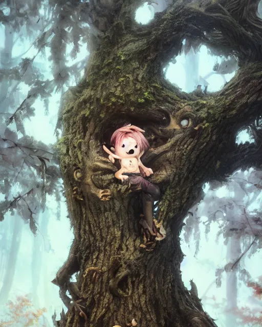 Prompt: A portrait of a cute monster on a tree trunk by Greg Rutkowski, Sung Choi, Mitchell Mohrhauser, Maciej Kuciara, Johnson Ting, Maxim Verehin, Peter Konig, final fantasy, 8k photorealistic, cinematic lighting, HD, high details, dramatic, atmospheric , trending on artstation