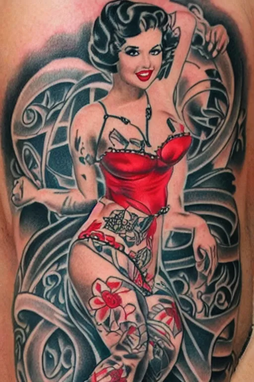 Image similar to traditional American tattoo of a pinup girl, detailed