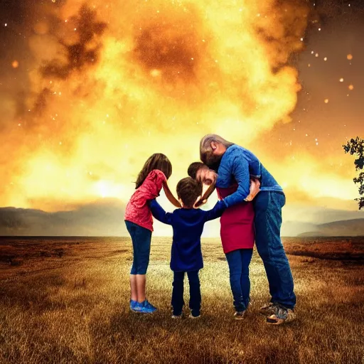 Image similar to a family hugging each other for the last time as the world is ending, meteors are falling from the sky, everything is on fire, dramatic lighting, digital art, very very very very very very beautiful, 8 k, dark lighting, award winning, insanely detailed, high quality, 4 k uhd