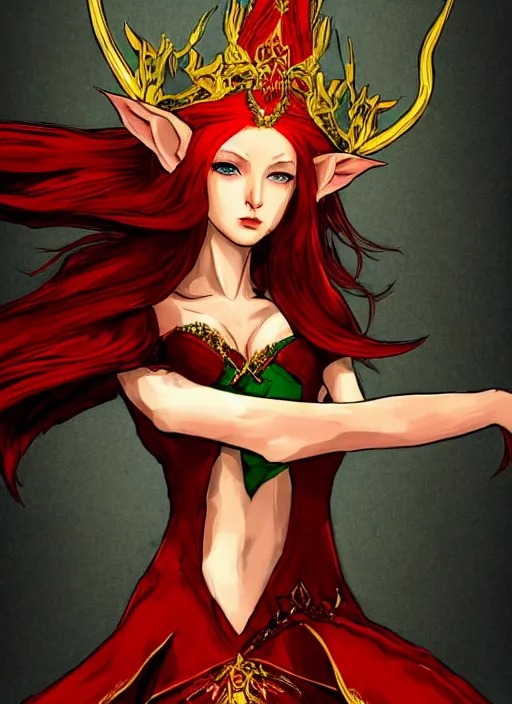 Image similar to Half body portrait of a beautiful red haired elven queen in red and green dress with golden crown sitting on a throne with haughty look. In style of Yoji Shinkawa, dark fantasy, great composition, concept art, brush strokes.