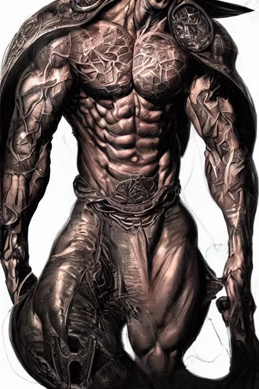 Prompt: Portrait of frontal standing pose torso of a very attractive muscular man heavily all his skin is covered by BIKER tattoos, surrounded by magic lightings overlays, Intricate, concept art, magic lighting overlays, magical portal opened, D&D!, fantasy style, sharp focus!, ultra detailed, art by Artgerm and Peter Andrew Jones, WLUP, Magali Villeneuve