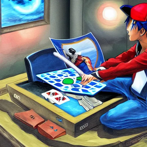 Image similar to ash ketchum playing magic the gathering on a motorcycle, digital art