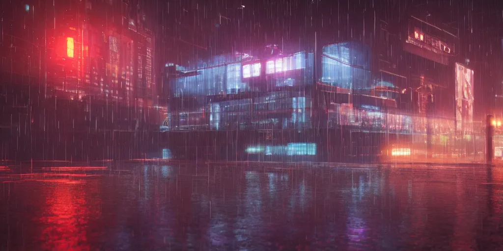 Prompt: a beautiful photo of a scifi scity at night seen behind a large windowpane with rain drops on it, cinematic, high definition, 8k, octane render, trending on artstation