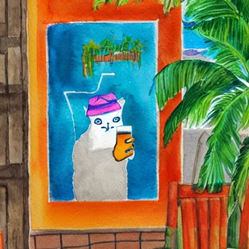 Image similar to a cat with a bucket hat and a hawaii shirt drinking a beer at an outdoor bar by the sea in stockholm, children\'s book illustration watercolor drawing