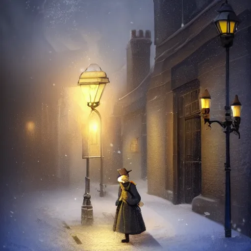 Image similar to a lamplighter on a victorian london street lighting wics with a butane lighter, snowy town, dynamic lighting, photorealistic fantasy concept art, trending on art station, stunning visuals, creative, cinematic, ultra detailed