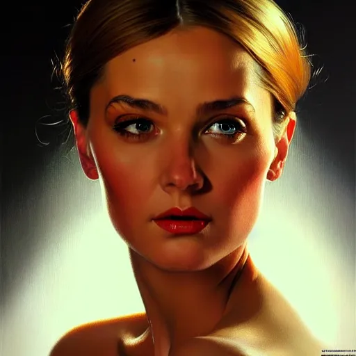 Image similar to close up face of a extremely beautiful bond female vam pire portrait, Masterpiece, oil on canvas, artgerm, norman rockwell, craig mulins, trending on pxiv,