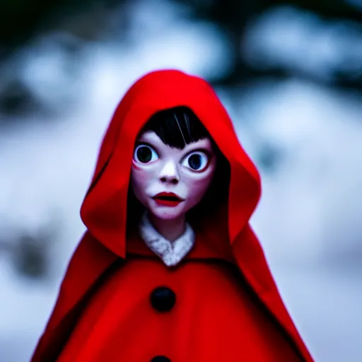 Prompt: a cinematic film still of a claymation stop motion film starring emma stone as little red riding hood, and realistic wolf, shallow depth of field, 8 0 mm, f 1. 8