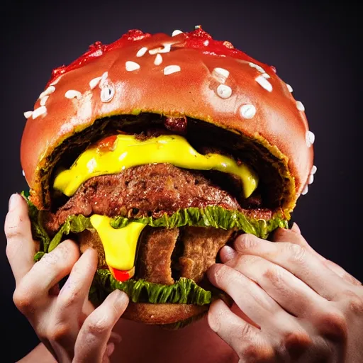 Image similar to a humanoid bipedal upright zombie that strongly resembles a hamburger, professional food photography