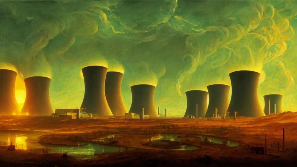 Image similar to A nuclear power plant in utopia by Simon Stålenhag and J.M.W. Turner, oil on canvas; Nuclear Fallout, Art Direction by Adam Adamowicz; 4K, 8K Ultra-Realistic Depth Shading
