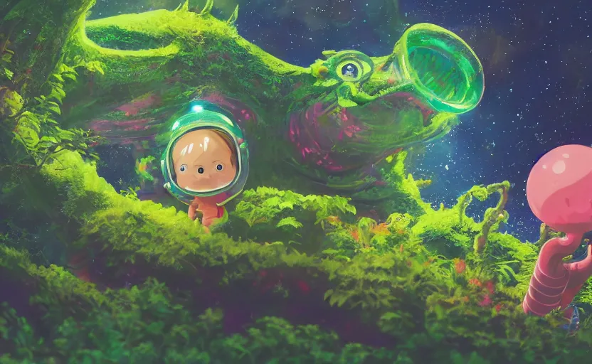 Image similar to a still of a cute adorable tiny astronaut, on a planet of lush colorful foliage, with an enormous kaiju dragon surrounding the full background, magical forest, sharp focus, neon backlit, highly detailed, disney pixar studio ghibli makoto shinkai, digital painting, matte, octane render, cinematic bloom, global illumination, iridescent, anime, 8 k concept art