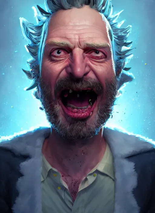 Image similar to fantasy portrait of drunk alcoholic rick from rick & morty, intricate abstract. intricate artwork, by greg rutkowski, wlop, beeple, dan mumford. concept art, octane render, trending on artstation, greg rutkowski very coherent symmetrical artwork. cinematic, key art, hyper realism, high detail, octane render, 8 k, iridescent accents