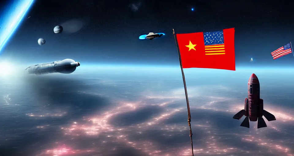 Image similar to space war between china and usa, desaturated, moebius, usa flag on a spaceship, china flag on a spaceship, complementing colors, maschinen krieger, beeple, film, atmospheric perspective