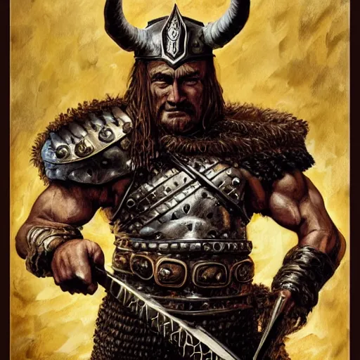Image similar to Portrait of Conan the conqueror , in a horned helmet, scant chainmail armor, wielding an axe, muscular male, fantasy, extremely detailed, mixed media comic book style illustration, artstation, fantasy art, sharp focus, perfectly symmetrical facial features, intimate lighting, art by Frank Frazetta, Simon Bisley and Bill Sienkiewicz , hyperrealism, dark fantasy, foreboding atmosphere, perfect ratio, hyperdetailed, highest resolution, heavily detailed and complex