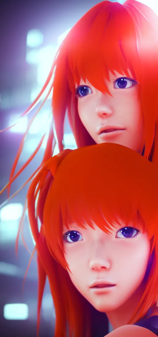 Image similar to asuka langley in a neon city, octane render 8 k, photorealistic render, atmospheric render, beautiful face, cute, realistic skin, redshift render, realistic reflections