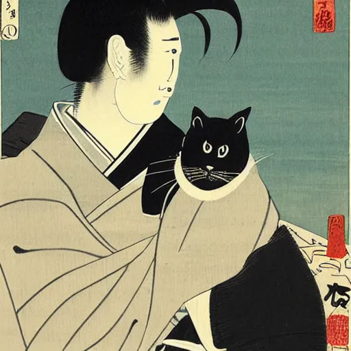 Prompt: angry japanese man with cat perched on his shoulder, vintage, painting by utamaro