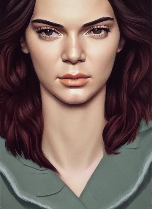 Prompt: twin peaks movie poster art, portrait of kendall jenner, from scene from twin peaks, clean, simple illustration, nostalgic, domestic, highly detailed, digital painting, artstation, concept art, smooth, sharp focus, illustration, artgerm, donato giancola, joseph christian leyendecker, wlop